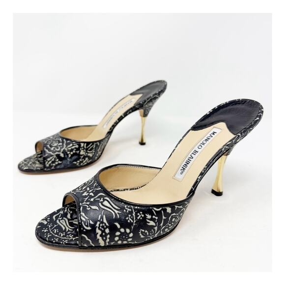 Manolo Blahnik Shoes - Manolo Blahnik Black Floral Print Mules Womens Size EU 37